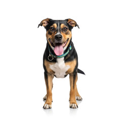 Fototapeta premium Playful dog with colorful collar smiling at camera