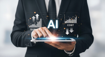AI Innovation Businessman Taps Tablet for Enhanced Quality Cost Efficiency Solution Now
