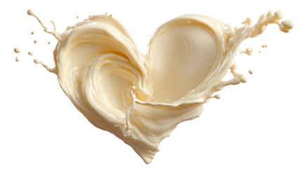 creamy milk splash forming heart shape with smooth glossy texture and dynamic liquid motion isolated on white background