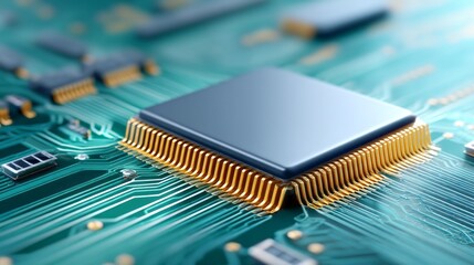 Close-up of a sophisticated microprocessor mounted on a vibrant circuit board, showcasing intricate connections and the beauty of modern technology