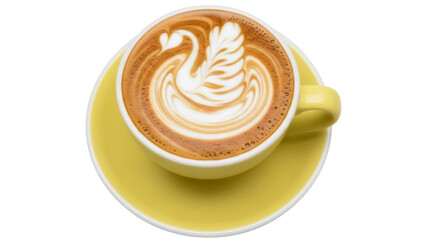 Isolated latte art of a swan in a yellow cup on a yellow saucer for beverage lovers