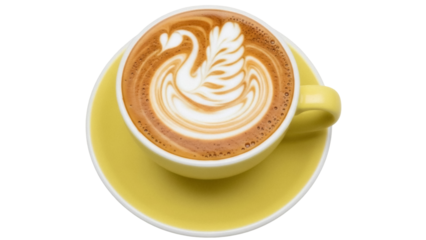Isolated latte art of a swan in a yellow cup on a yellow saucer for beverage lovers