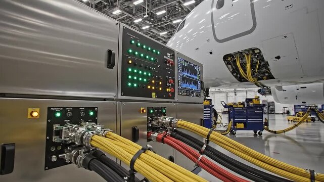 Aircraft maintenance with electrical testing equipment in a hangar