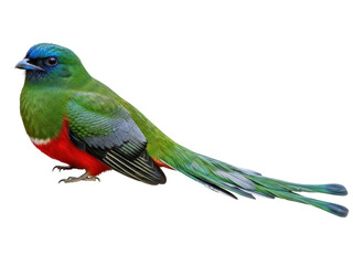 Isolated Male Resplendent Quetzal Bird Perched, Tropical Beauty with Colorful Plumage in Profile