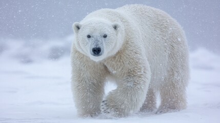 Polar Bear Trekking Through Heavy Snowfall