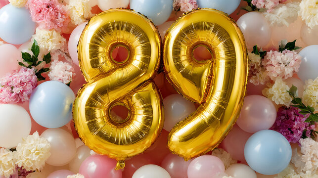 Golden eighty-nine foil balloons shining brightly amidst a cheerful pastel balloon and floral background, symbolizing a joyous birthday or anniversary celebration milestone