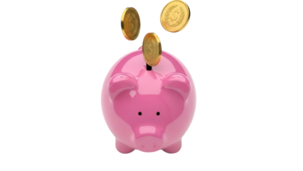 Isolated pink piggy bank saving money, financial growth and gold coins, wealth concept