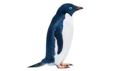 Isolated Adelie Penguin on Plain Backdrop is Facing Right in Close-Up Side View Shot