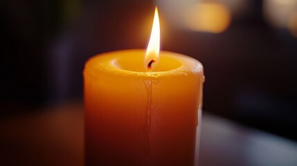 A single candle with an amber hue is burning steadily, casting gentle light and shadows.