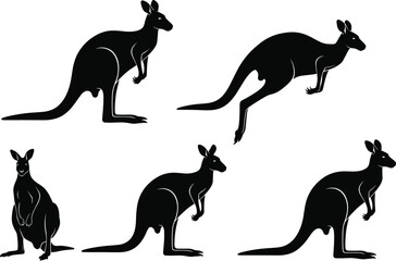 Kangaroo silhouette vector illustration collection, Australian wildlife animal jumping and standing poses, black outline design for nature, zoo, safari, and wildlife themes