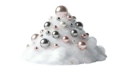 Soap bubbles and pearls on a pile of foam isolated on a transparent background