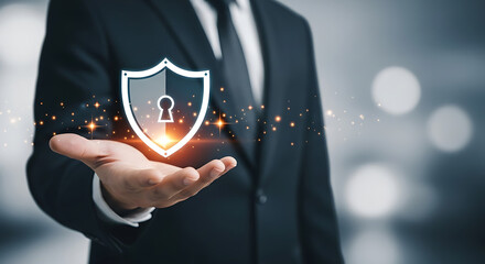 Cyber security shield presented by professional businessman internet safety secure data