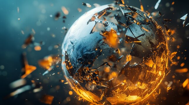 Image of a planet exploding with pieces flying into space against a backdrop.