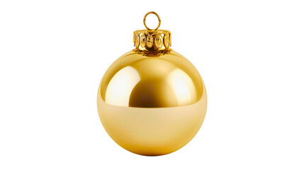 A golden Christmas ball with an ornate cap isolated on white background, a shiny festive bauble, realistic 3D holiday ornament cutout.
