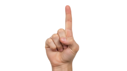 Isolated human hand pointing or gesturing upwards with index finger in front of a backdrop
