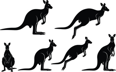 Kangaroo silhouette vector illustration set showing different poses, jumping and standing kangaroos for wildlife, Australian animal, nature, and safari design concepts