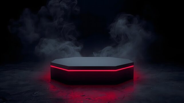 Dark product display stand with red neon light glowing on hexagonal platform surrounded by smoke creating futuristic and mysterious ambiance for showcasing - Powered by Adobe