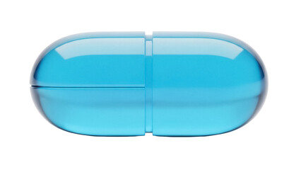 Isolated Medical Capsule Close-up View, Translucent Blue Color, Two Pieces Sealed Together