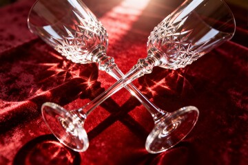 Two ornate crystal wine glasses lie crossed on a rich red velvet fabric with warm sunlight creating brilliant reflections and glares.