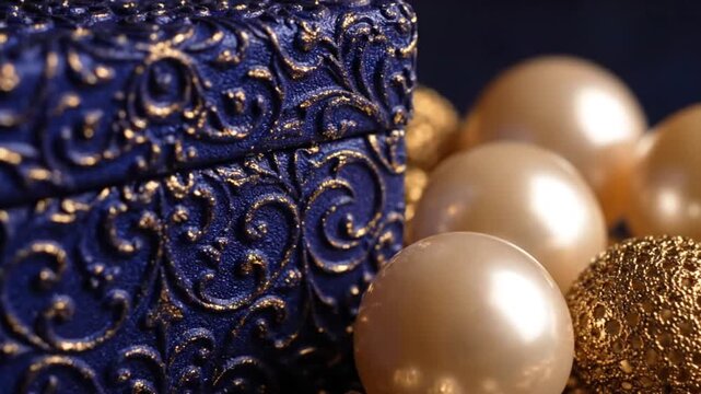 Luxury Blue Gift Box with Ornate Gold Pattern and Festive Decorations, Elegant 3D Render for Premium Holiday Branding, Celebration Campaigns and High-End Gift Packaging