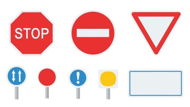 Collection of various red blue and yellow traffic and warning road signs