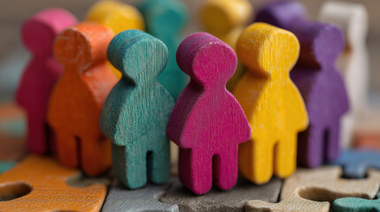 Colorful wooden figures showing collaboration inclusion and diversity for HR strategies