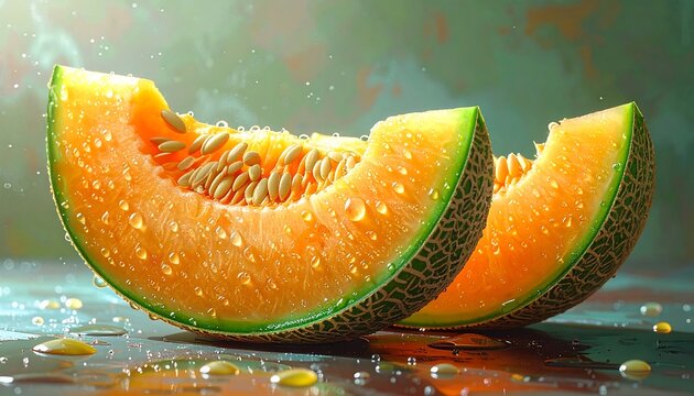 Two juicy, cut cantaloupe slices glisten with droplets, set on reflective surface against a blurred background