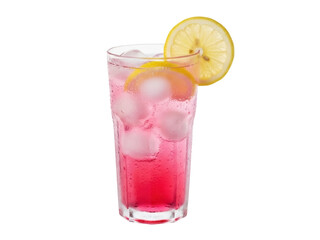 Isolated pink drink in glass with ice and lemon slice, beverage for refreshment or party