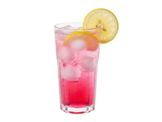 Isolated pink drink in glass with ice and lemon slice, beverage for refreshment or party