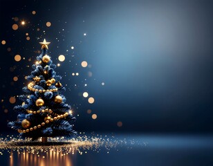 Bożonarodzeniowe, niebieskie tło z choinką udekorowaną bombkami, łańcuchem i świecącymi lampkami