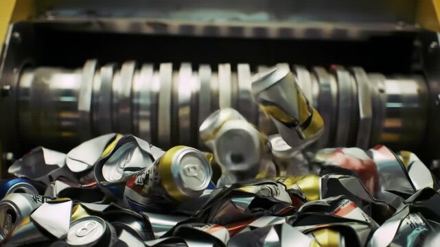 Metal cans being crushed and recycled at a recycling facility.