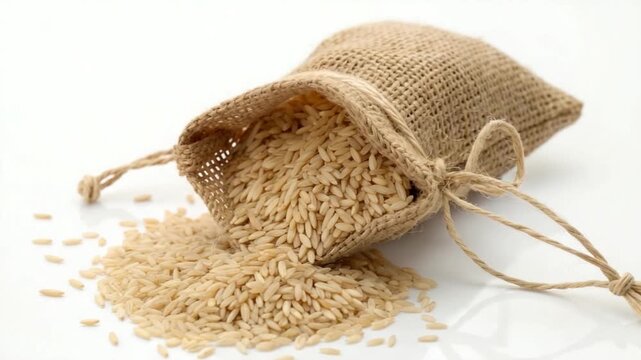 brown rice in small burlap sack isolated on white background video orbit