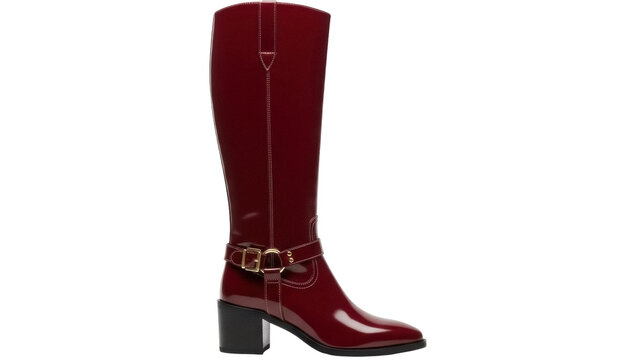 Isolated shiny leather knee high boot with decorative strap for fashion advertising ads