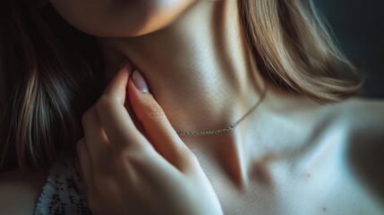Close-up image of a woman touching her neck. She is wearing a necklace and has short hair. This photograph captures an intimate moment with soft lighting and shallow depth of field.