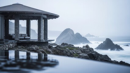 Serene oceanfront pavilion on rugged rocky coastline with foggy misty atmosphere