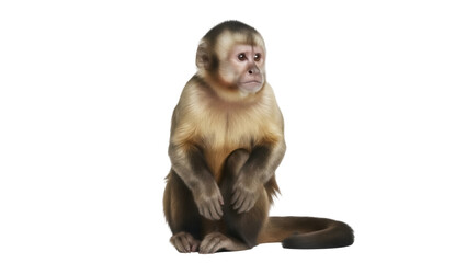 Isolated young capuchin monkey sitting upright looking sad with hands folded in lap indoors © Carmen