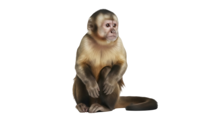 Isolated young capuchin monkey sitting upright looking sad with hands folded in lap indoors