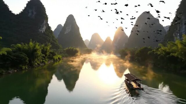 Serene river landscape with traditional boats and misty mountains at sunrise