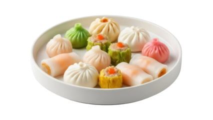 Isolated assortment of colorful Asian dim sum dumplings, in plate, cuisine variety