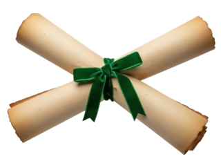 Isolated Pair of Rolled Parchment Scrolls Tied with Green Ribbon; Antiquated and Decorative