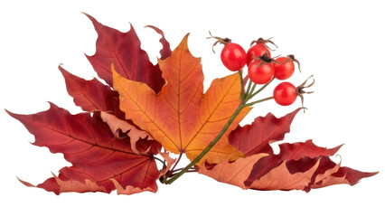 Isolated red and orange autumn maple leaves and rose hips fruit for a fall holiday concept