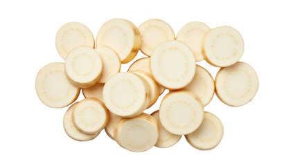 Isolated parsnip slices, raw root vegetable discs in pile, nutritious light food ingredient