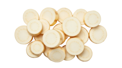 Isolated parsnip slices, raw root vegetable discs in pile, nutritious light food ingredient