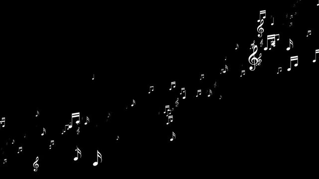 musical notes flying alpha channel animation,  curve trail white notas music and song isolated overlay social media motion design element