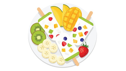 Colorful fruit popsicles with sliced kiwi mango and banana on a plate