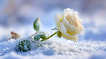 A blooming white rose in winter snow, a frosted flower with green leaves, a cold nature scene, a beautiful plant portrait close-up with sunlight.