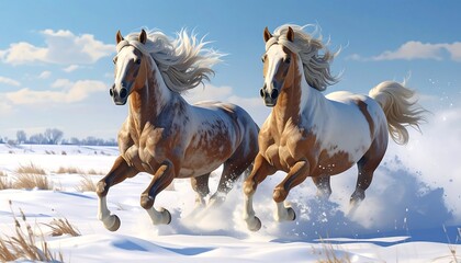 Two pinto horses with flowing manes gallop through a snowy field under a blue sky on a bright winter day