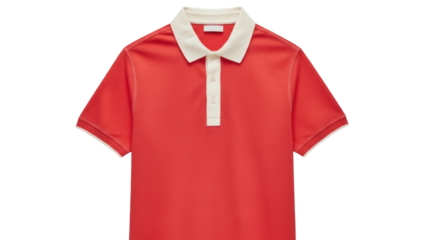 Isolated new red polo shirt with a beige collar and short sleeves, classic summer attire