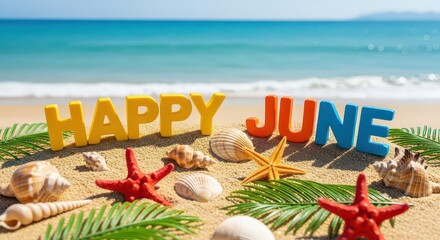 Happy june text on the beach with seashells and starfish in summer day