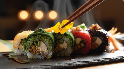 A beautifully arranged selection of fresh steaming gourmet sushi rolls presented on a dark slate board in an upscale Japanese restaurant setting showcasing vibrant colors and exquisite culinary artis.